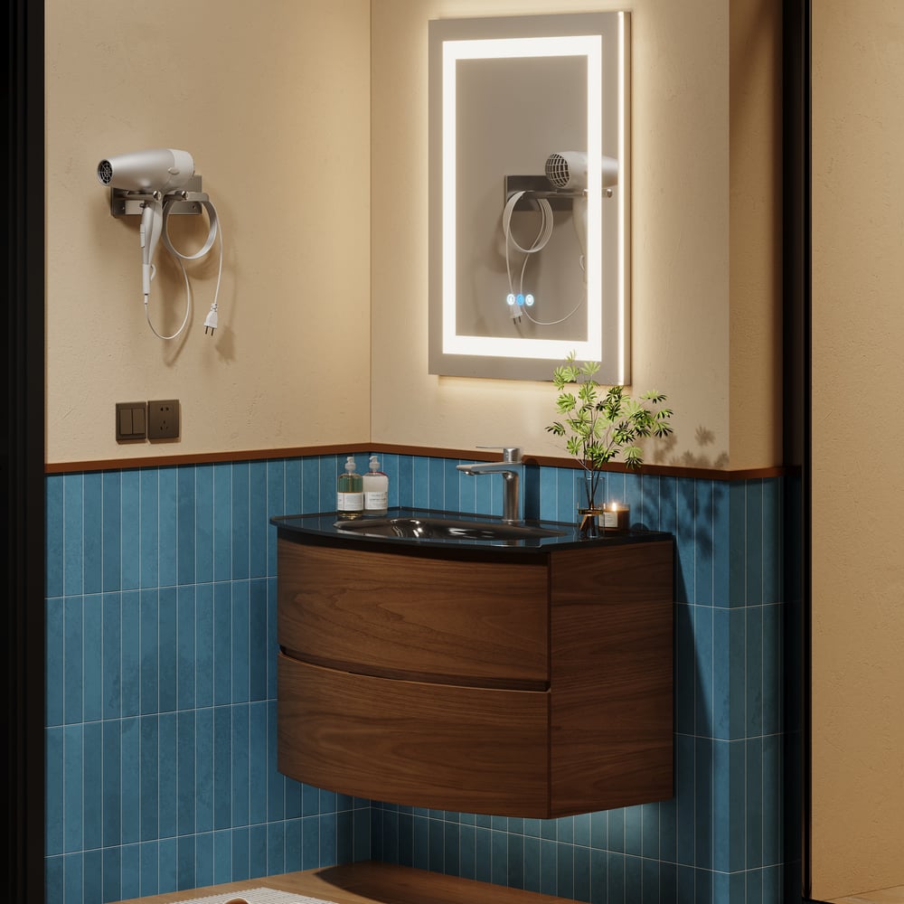 Questions et Réponses pour Vanité de salle de bain flottante moderne de 800 mm avec lavabo en verre monobloc 2 tiroirs en noyer