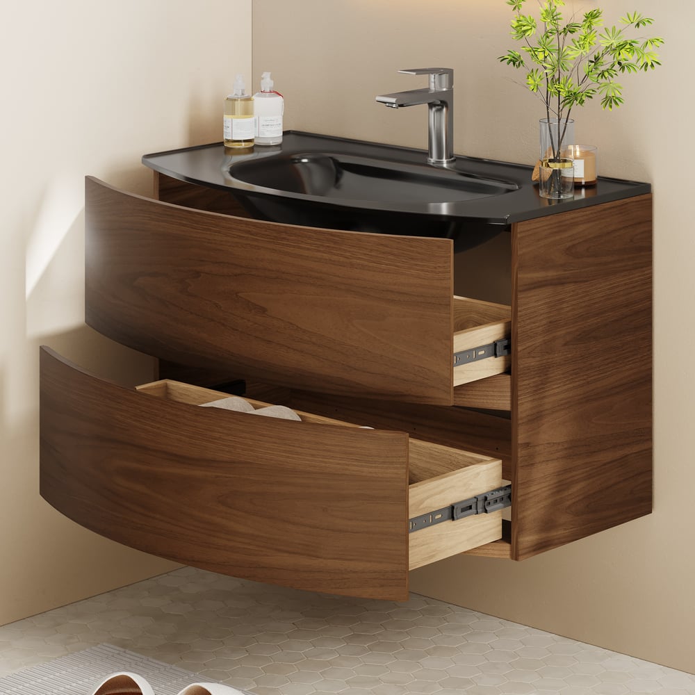 Questions et Réponses pour Vanité de salle de bain flottante moderne de 800 mm avec lavabo en verre monobloc 2 tiroirs en noyer