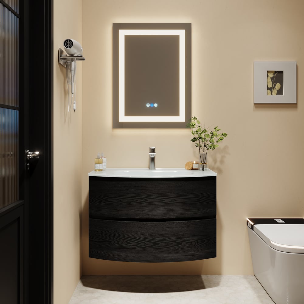 Pytania i odpowiedzi dla Nowoczesna 31,5-calowa pływająca toaletka łazienkowa z jednoczęściową szklaną umywalką 2 szuflady w kolorze czarnym