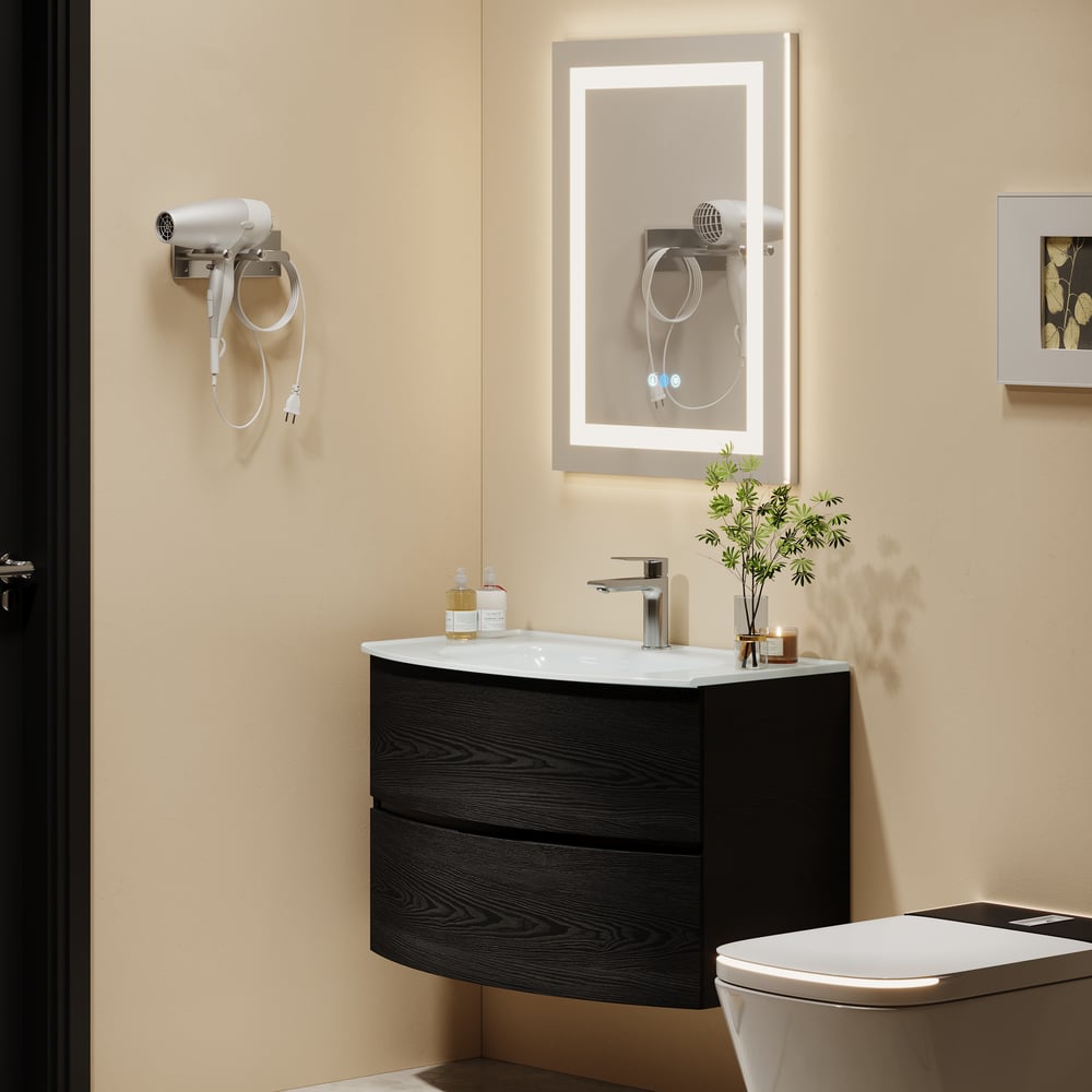 Pytania i odpowiedzi dla Nowoczesna 31,5-calowa pływająca toaletka łazienkowa z jednoczęściową szklaną umywalką 2 szuflady w kolorze czarnym