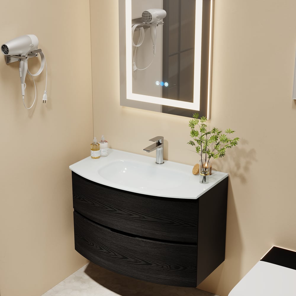 Pytania i odpowiedzi dla Nowoczesna 31,5-calowa pływająca toaletka łazienkowa z jednoczęściową szklaną umywalką 2 szuflady w kolorze czarnym