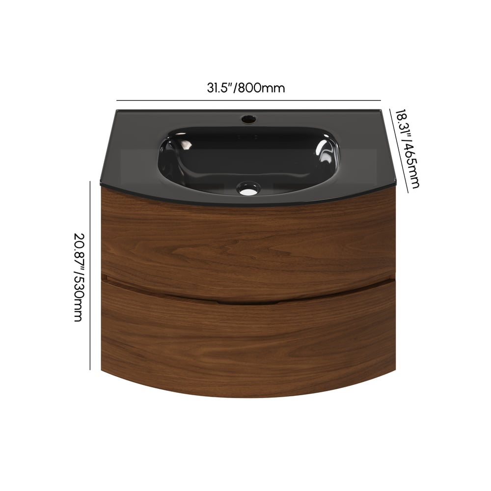 Modern 31.5" Floating Bathroom Vanity with One-piece Glass Basin 2 Drawers in Walnut weights dimensions image