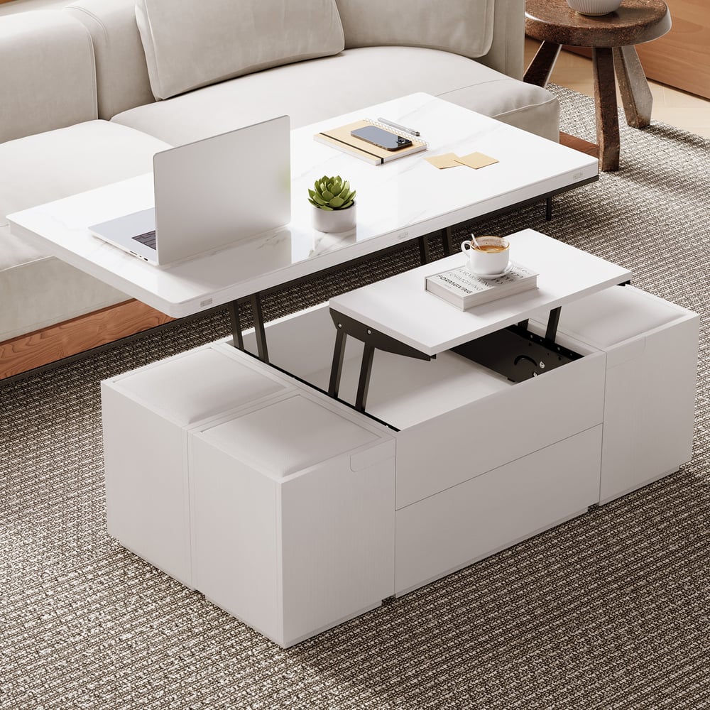 Recensioni dei clienti per Tavolino da caffè moderno multifunzionale con piano in marmo regolabile in altezza e spazio di archiviazione