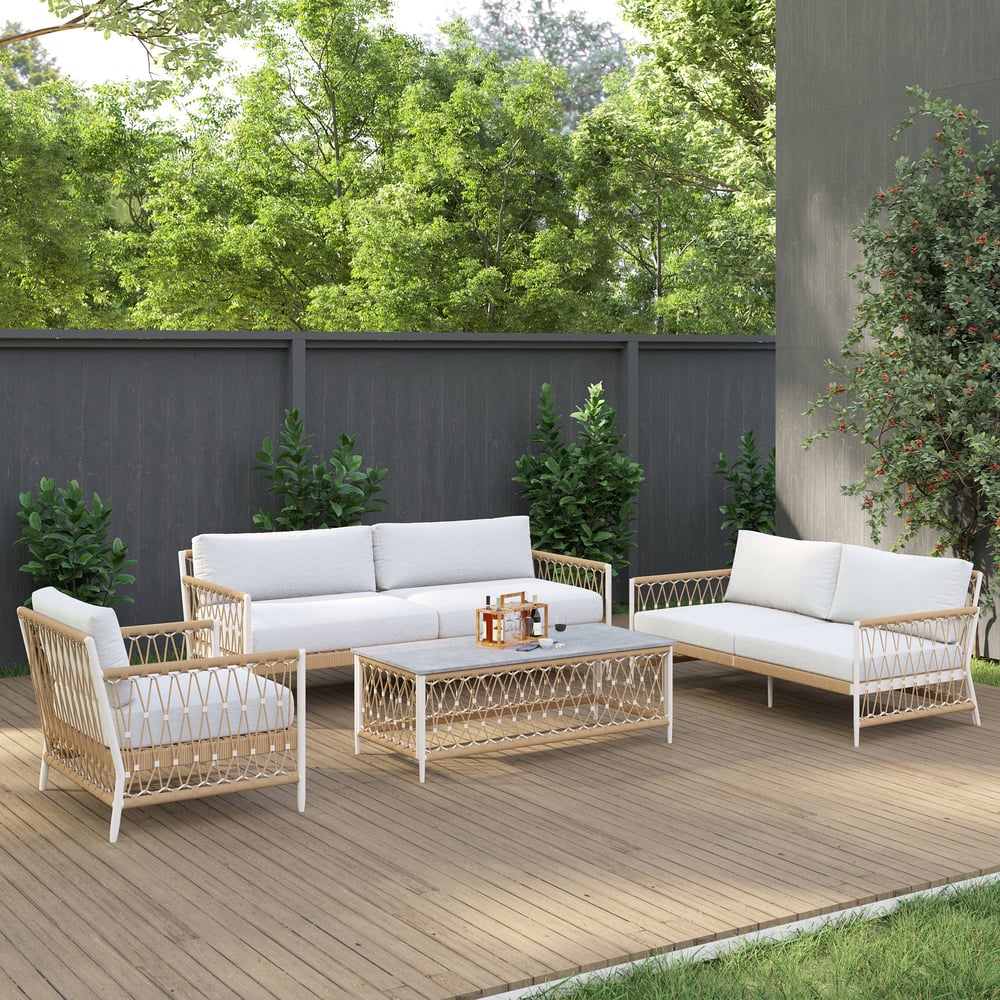 Vragen en antwoorden voor Ropipe 4-delige sectionele bankset van geweven touw voor buiten in kaki en wit voor 6