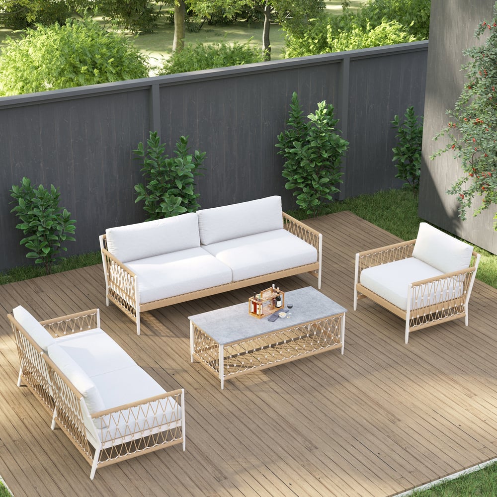Vragen en antwoorden voor Ropipe 4-delige sectionele bankset van geweven touw voor buiten in kaki en wit voor 6