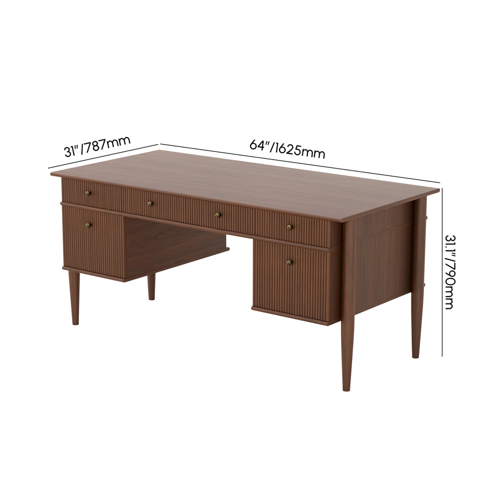 64" Mid-century Style Walnut Wood Home Office Desk with 6 Drawers weights dimensions image