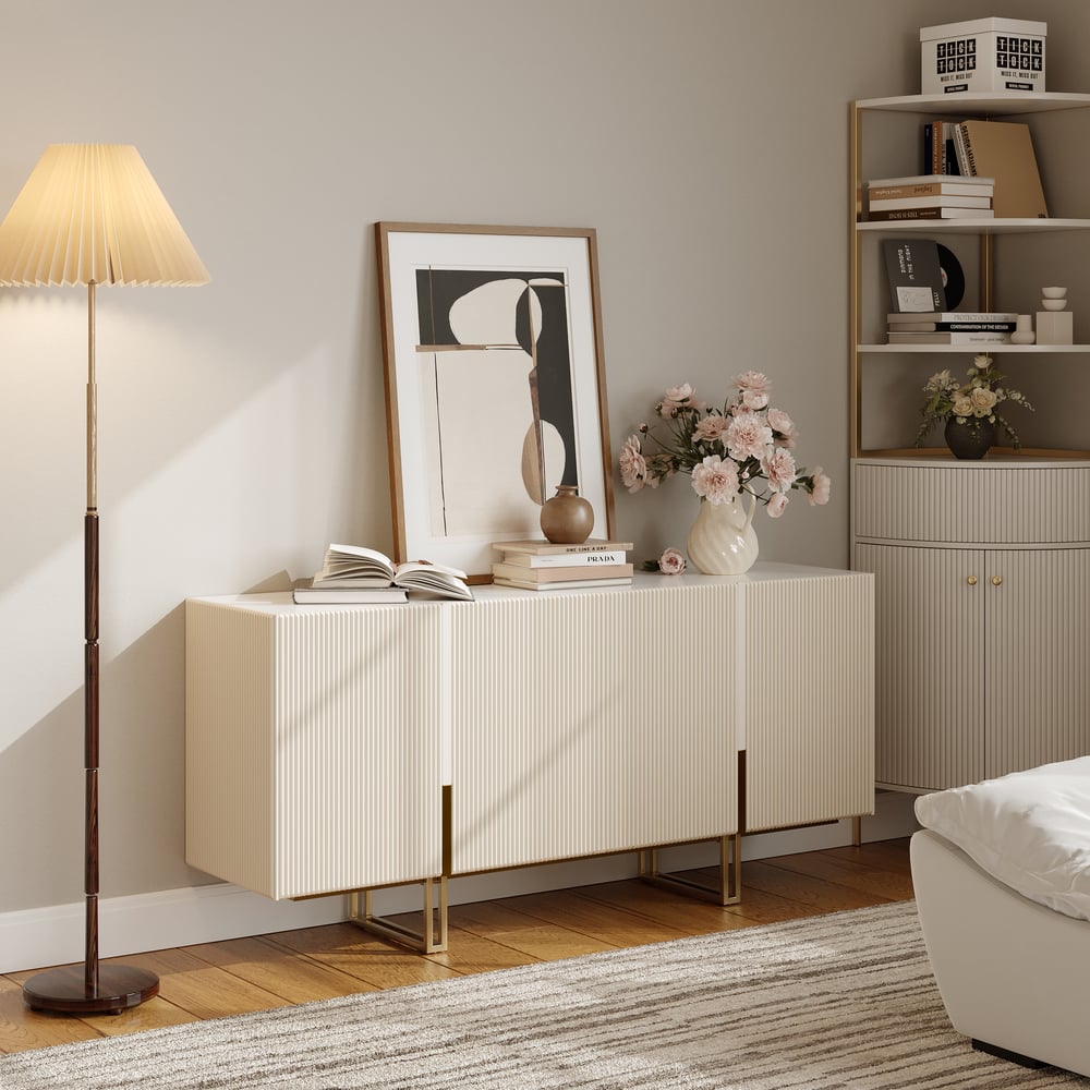 Questions et Réponses pour Buffet de buffet Grovyn 1600 mm avec plateau en pierre frittée, cannelé blanc, avec étagères réglables