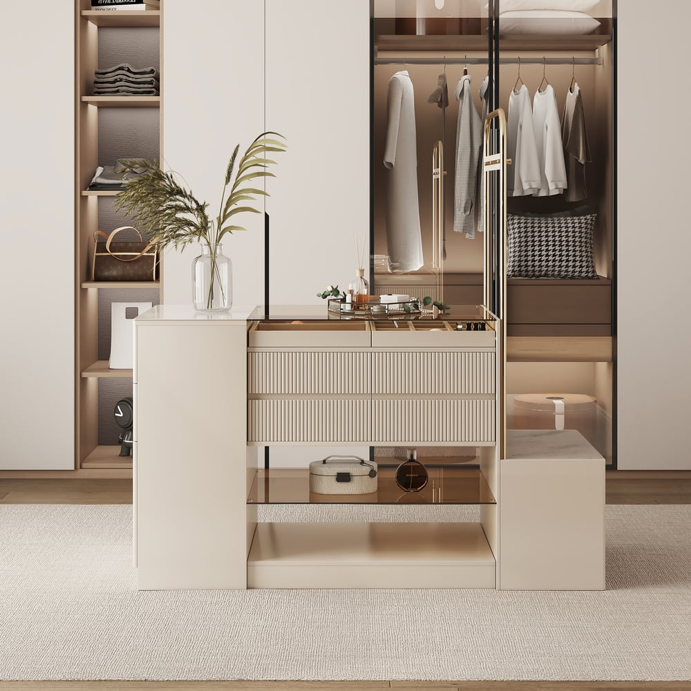 Questions and Answers for 60" Glass Top Dresser Walk-in Closet Island with Jewelry Storage & Rack & Bench