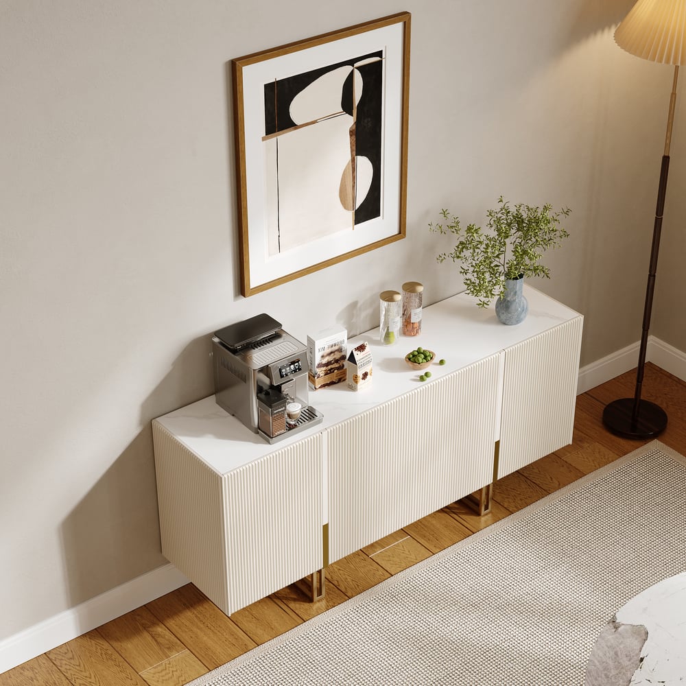 Questions et Réponses pour Buffet de buffet Grovyn 1600 mm avec plateau en pierre frittée, cannelé blanc, avec étagères réglables