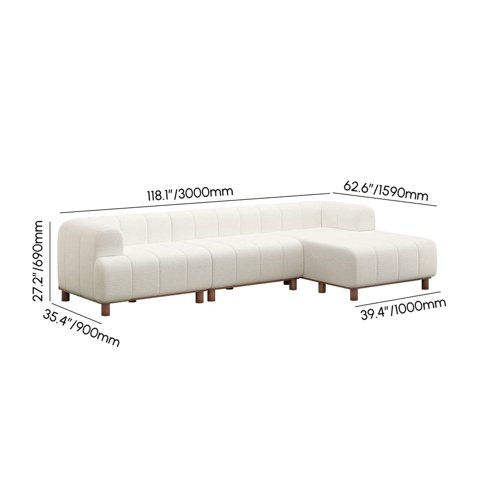 118" Boucle 3-Piece L-Shaped Chaise Sectional with Wood Legs weights dimensions image