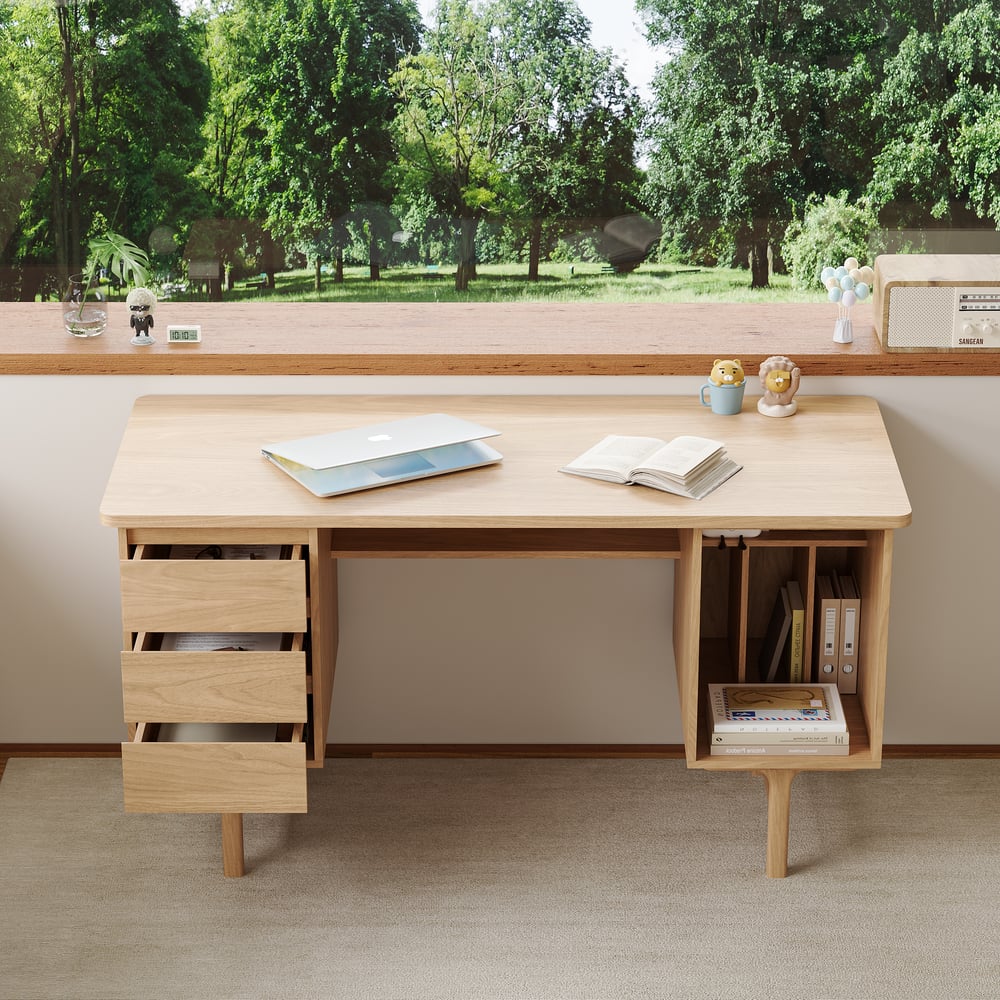 Customer Reviews for 1400mm Mid-century Style Natural Wood Home Office Desk with 3 Drawers
