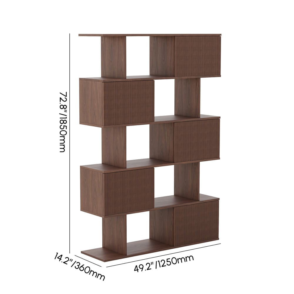 72.8" Walnut Sliding Door Etagere Bookshelf 5-Shelf Tall Book Shelf Rich Storage weights dimensions image