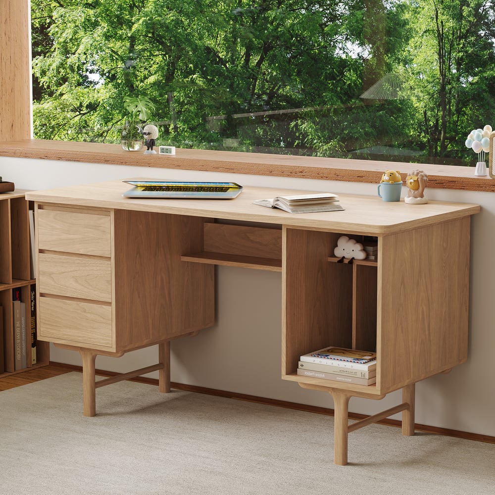 Customer Reviews for 1400mm Mid-century Style Natural Wood Home Office Desk with 3 Drawers