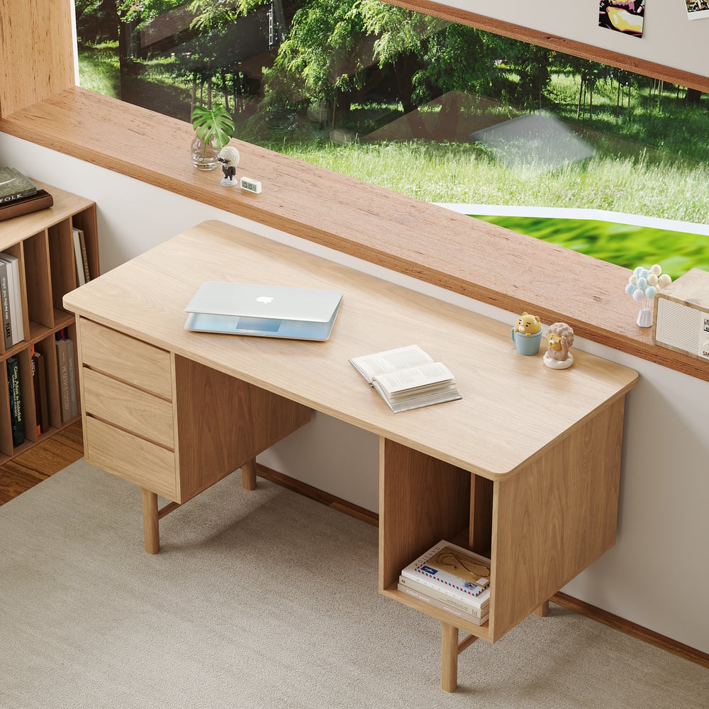 Customer Reviews for 1400mm Mid-century Style Natural Wood Home Office Desk with 3 Drawers
