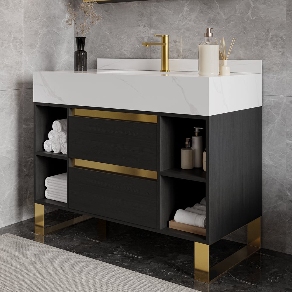 Questions and Answers for Black & White Freestanding Bathroom Vanity Set with Ceramic basin | 2 Drawers