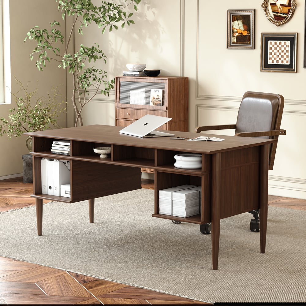 Customer Reviews for 64" Mid-century Style Walnut Wood Home Office Desk with 6 Drawers