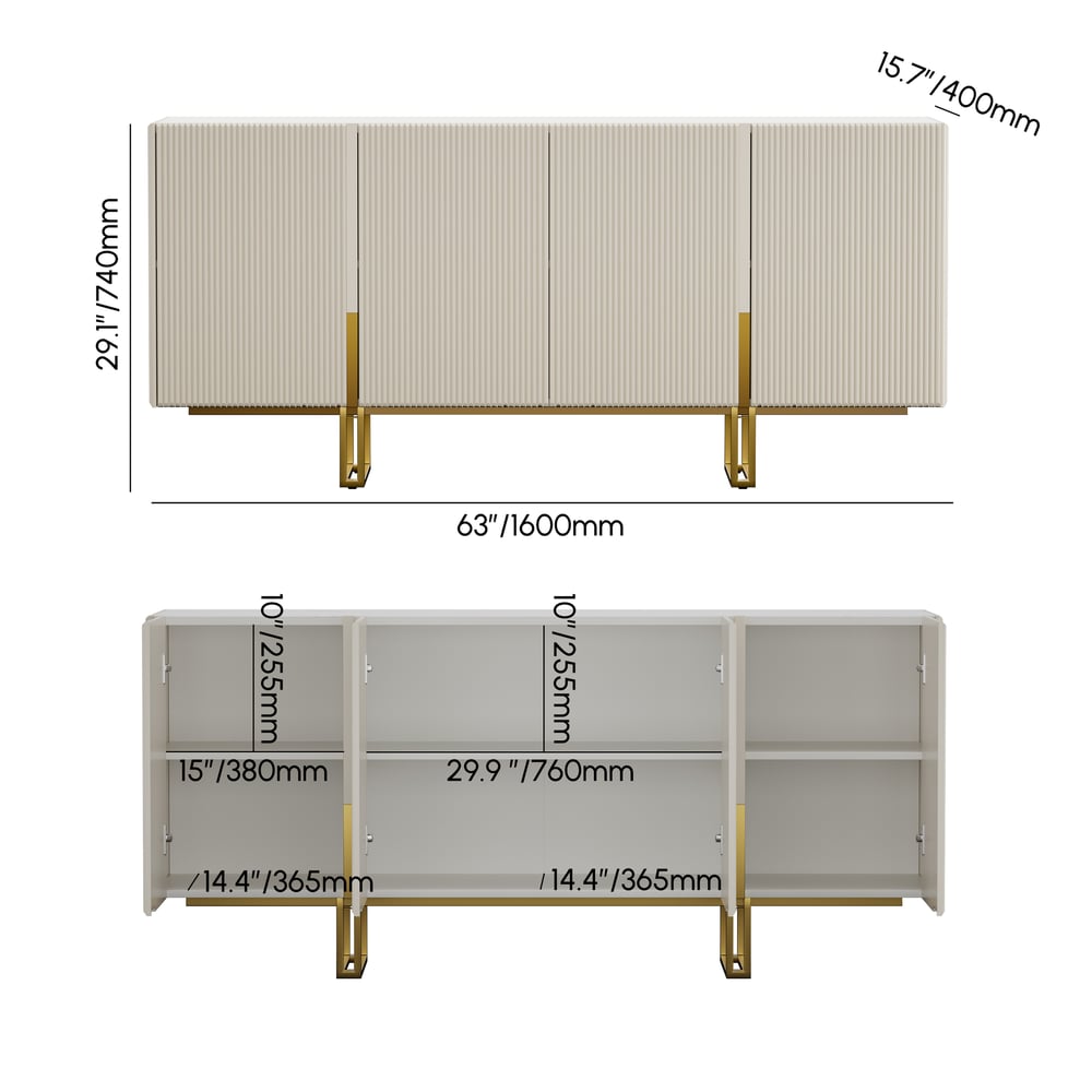Grovyn 63" Buffet Sideboard Sintered Stone Top White Fluted with Adjustable Shelves weights dimensions image