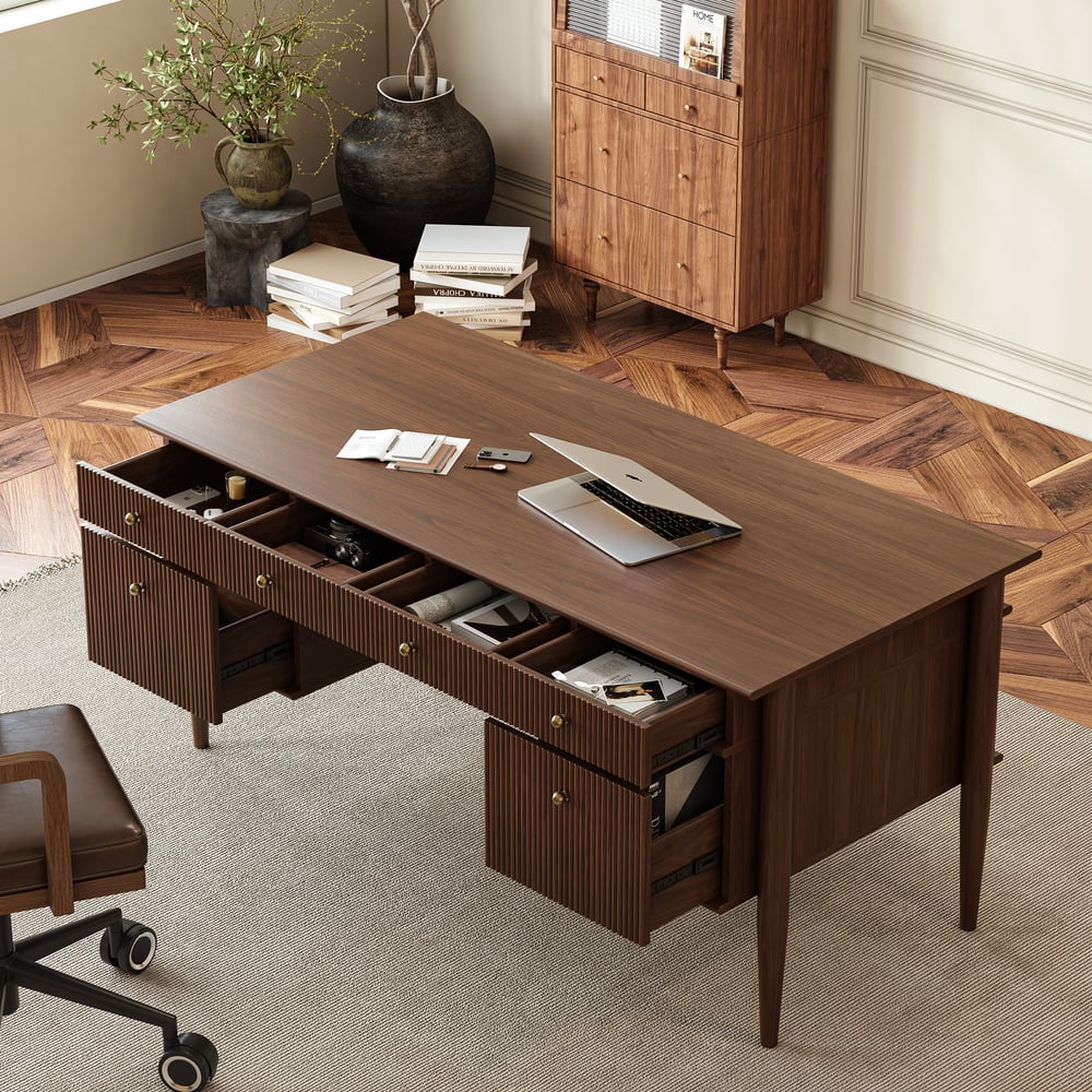 Customer Reviews for 64" Mid-century Style Walnut Wood Home Office Desk with 6 Drawers
