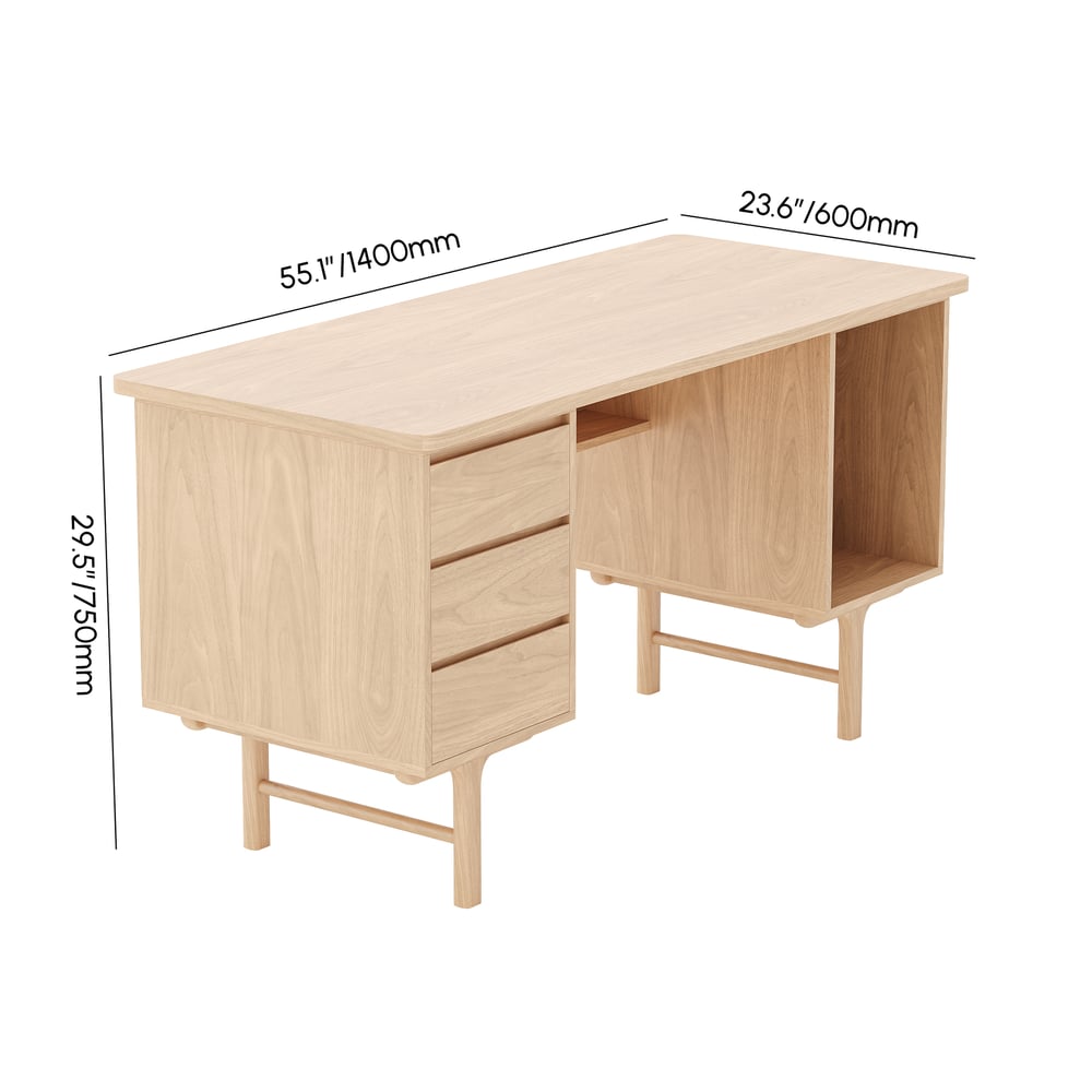 55.1" Mid-century Style Natural Wood Home Office Desk with 3 Drawers weights dimensions image