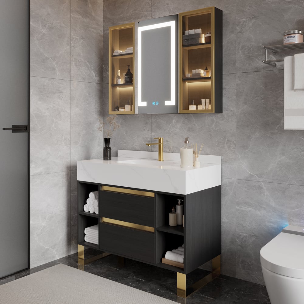 Questions and Answers for Black & White Freestanding Bathroom Vanity Set with Ceramic basin | 2 Drawers