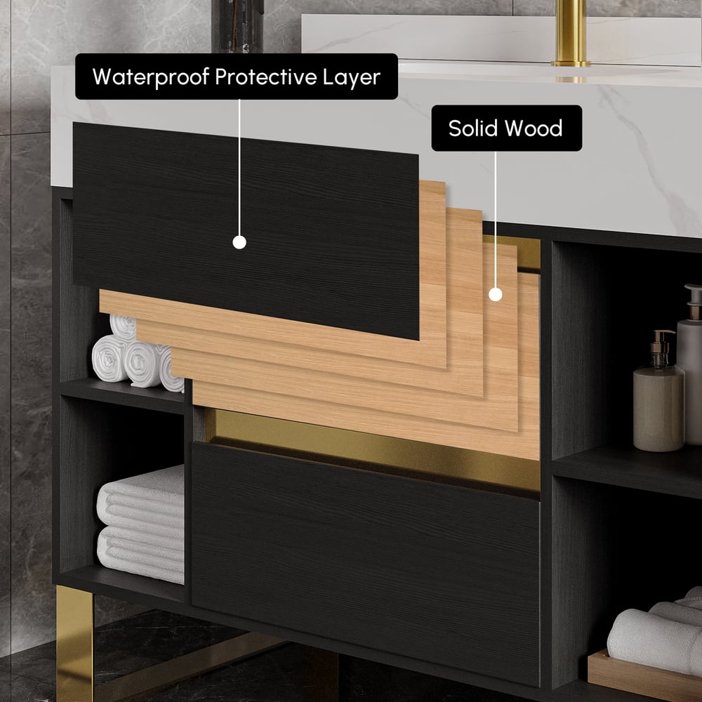 Questions and Answers for Black & White Freestanding Bathroom Vanity Set with Ceramic basin | 2 Drawers