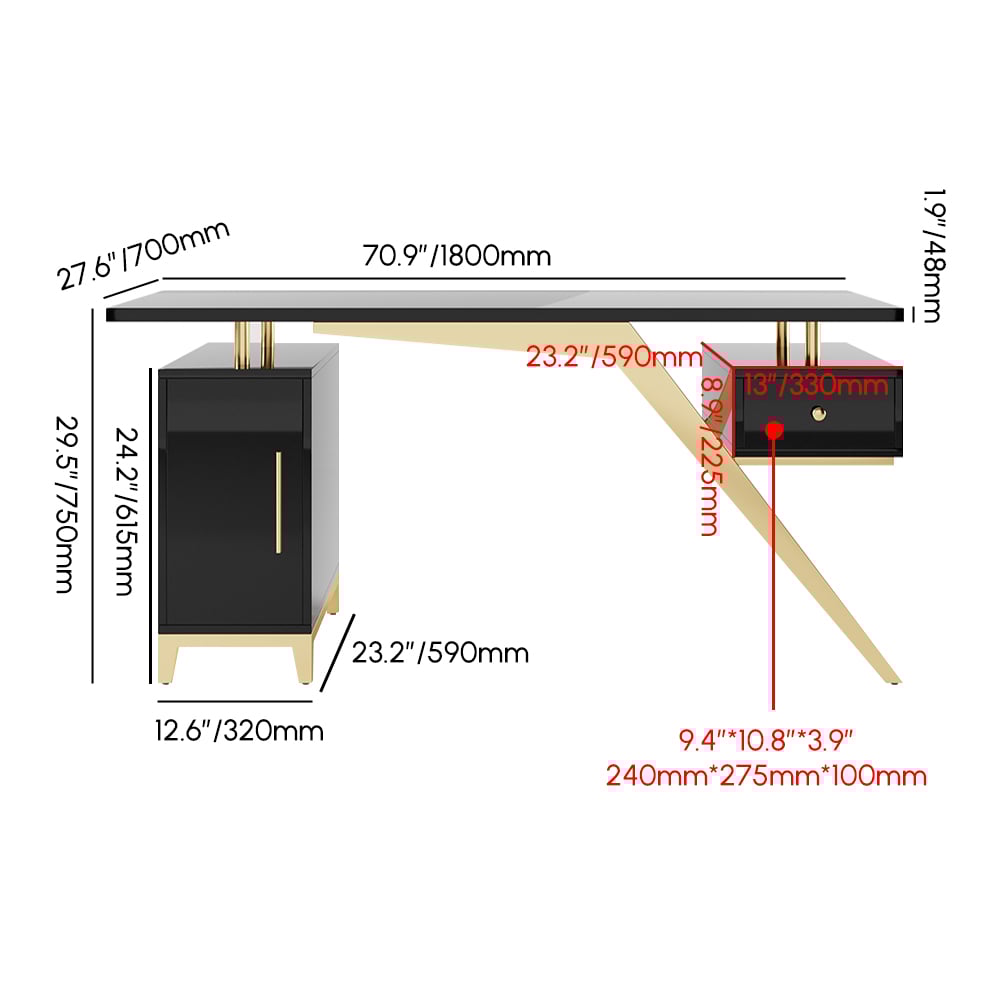 Hungled 71" Modern Black and Gold Office Wooden Executive Desk with Storage File Cabinet weights dimensions image