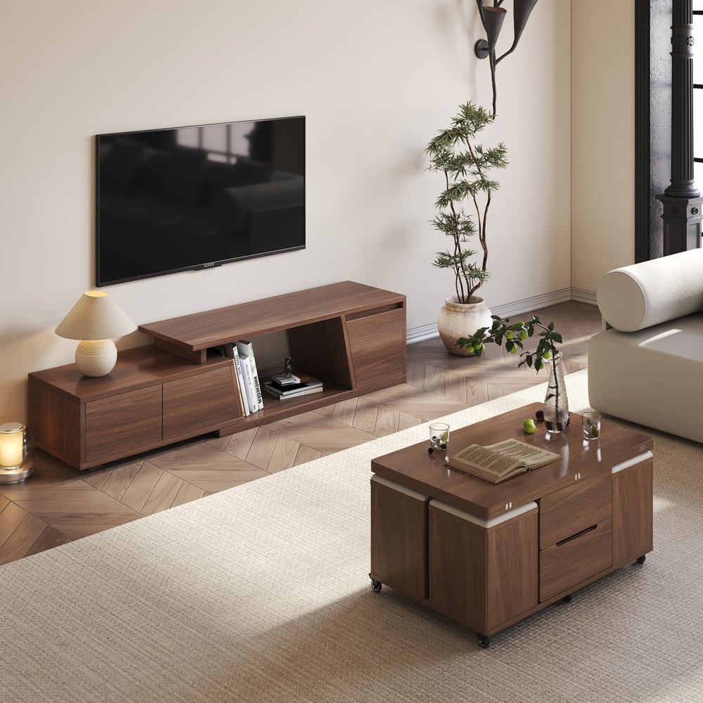 Questions et Réponses pour Meuble TV petit design extensible Fero, finition noyer, 3 tiroirs 1 niche (120–180 cm)