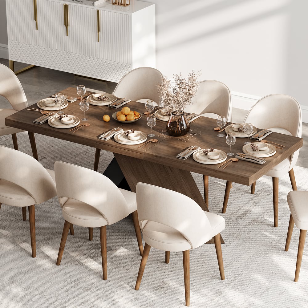 Questions et Réponses pour Table à manger extensible en noyer de 1630 mm à 2030 mm, ferme moderne, piédestal pour 6-8 personnes