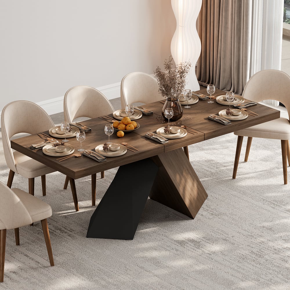 Questions and Answers for Expandable walnut dining table with pedestal base for 6 to 8 seats