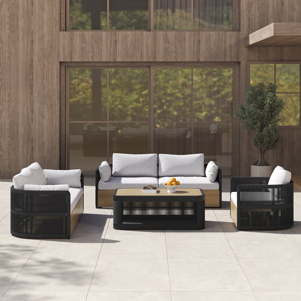 Avaliações de clientes sobre Conjunto de sofá giratório moderno de alumínio e corda de 4 peças com mesa de café em preto para 6