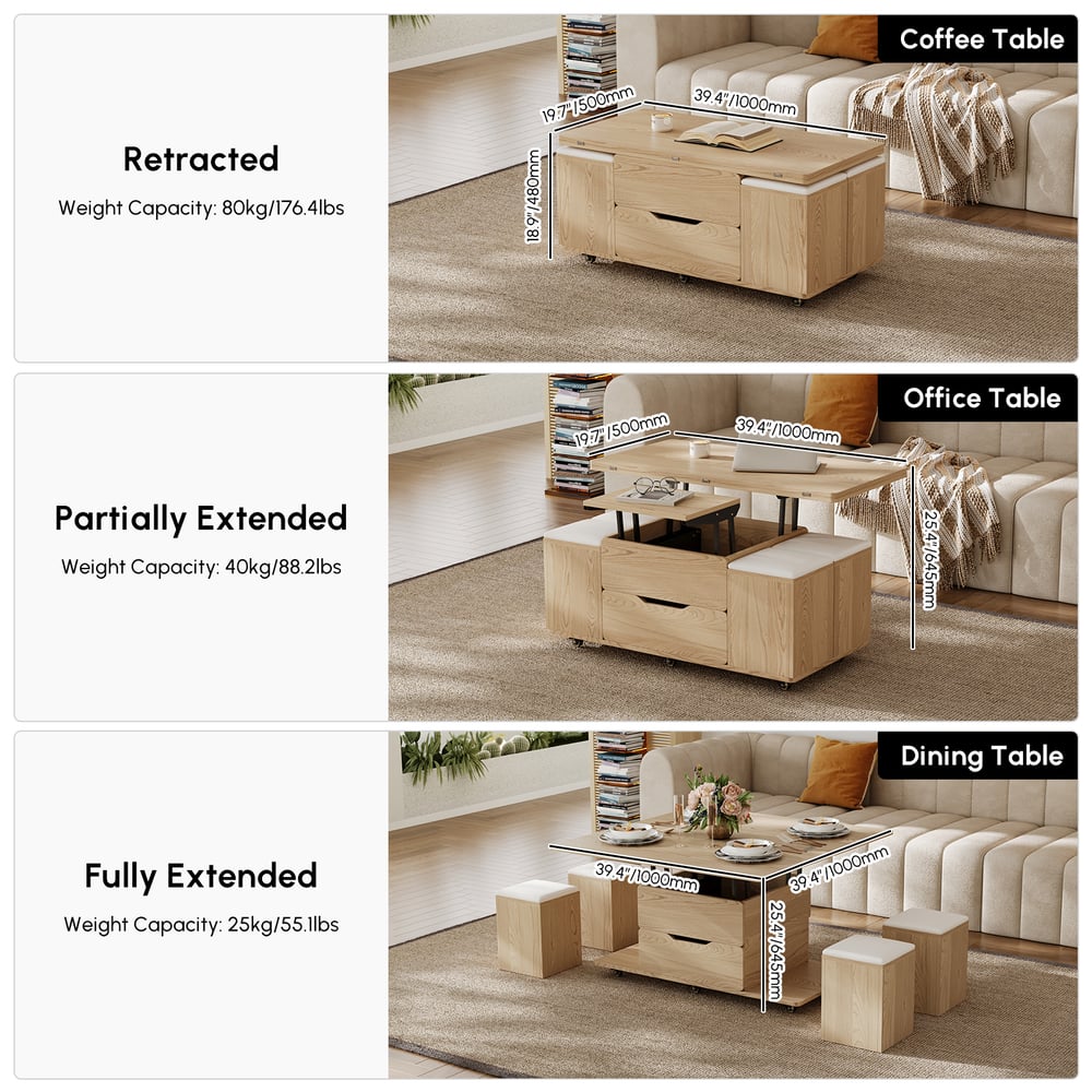 Questions and Answers for 99 cm Lift-Top Foldable Natural Coffee Table with 4 Stools & Storage