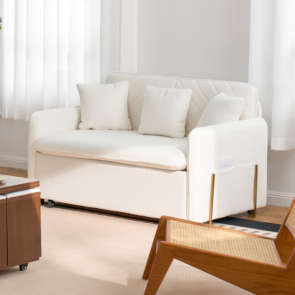 Questions and Answers for 54" Full 2-Seater White Boucle Convertible Sleeper Sofa