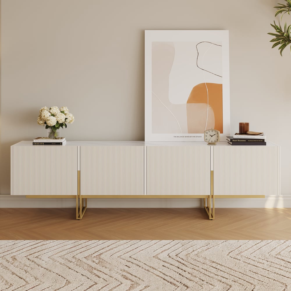 Questions et Réponses pour Meuble TV Grovyn Minimalist, 2000 mm, blanc cassé, console multimédia Stone Top, 4 portes et 6 étagères