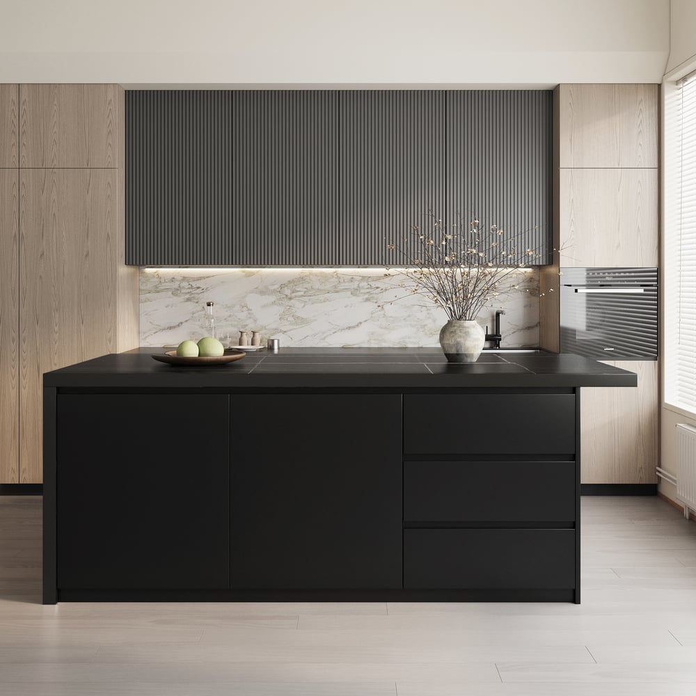 Questions et Réponses pour Îlots de cuisine de 1830 mm, dessus en marbre plaqué noir moderne avec armoire de rangement