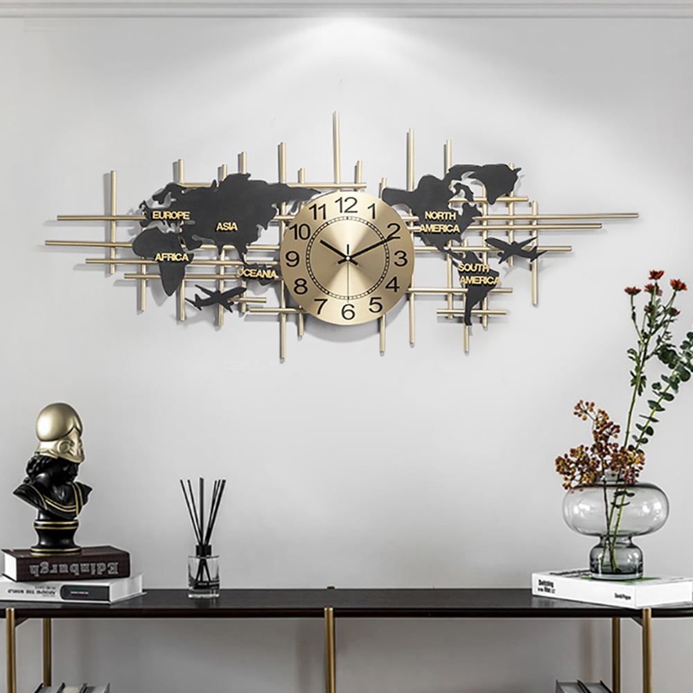 Perguntas e respostas para Relógio de parede moderno de metal de 38", mapa grande, decoração criativa, relógios silenciosos, arte para sala de estar
