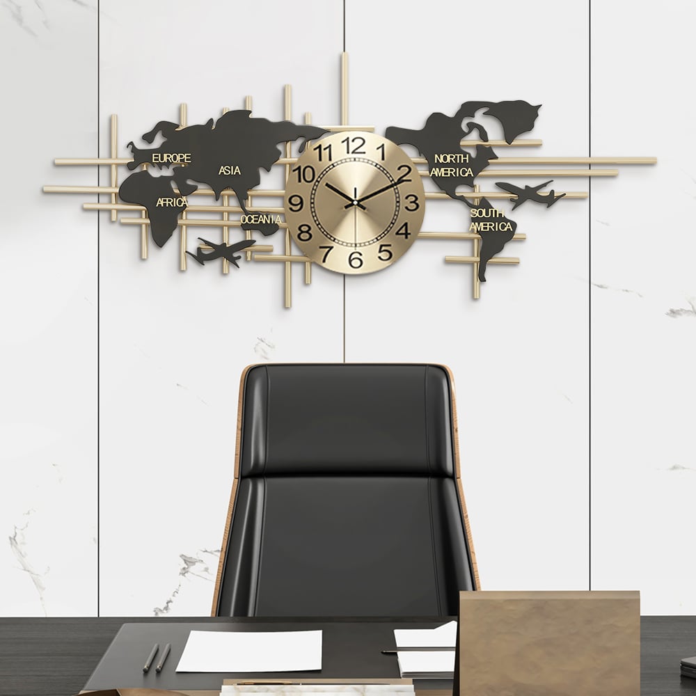Perguntas e respostas para Relógio de parede moderno de metal de 38", mapa grande, decoração criativa, relógios silenciosos, arte para sala de estar
