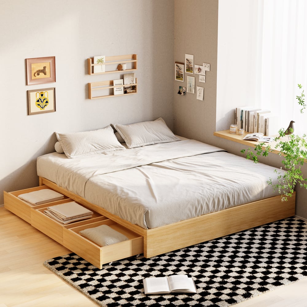 Lit super king size de style scandinave en bois naturel avec rangement|Homary FR