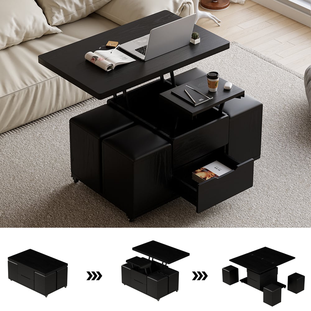 Reseñas de Clientes para Moderna mesa de centro negra multifuncional con tapa elevable, 4 taburetes y ruedas