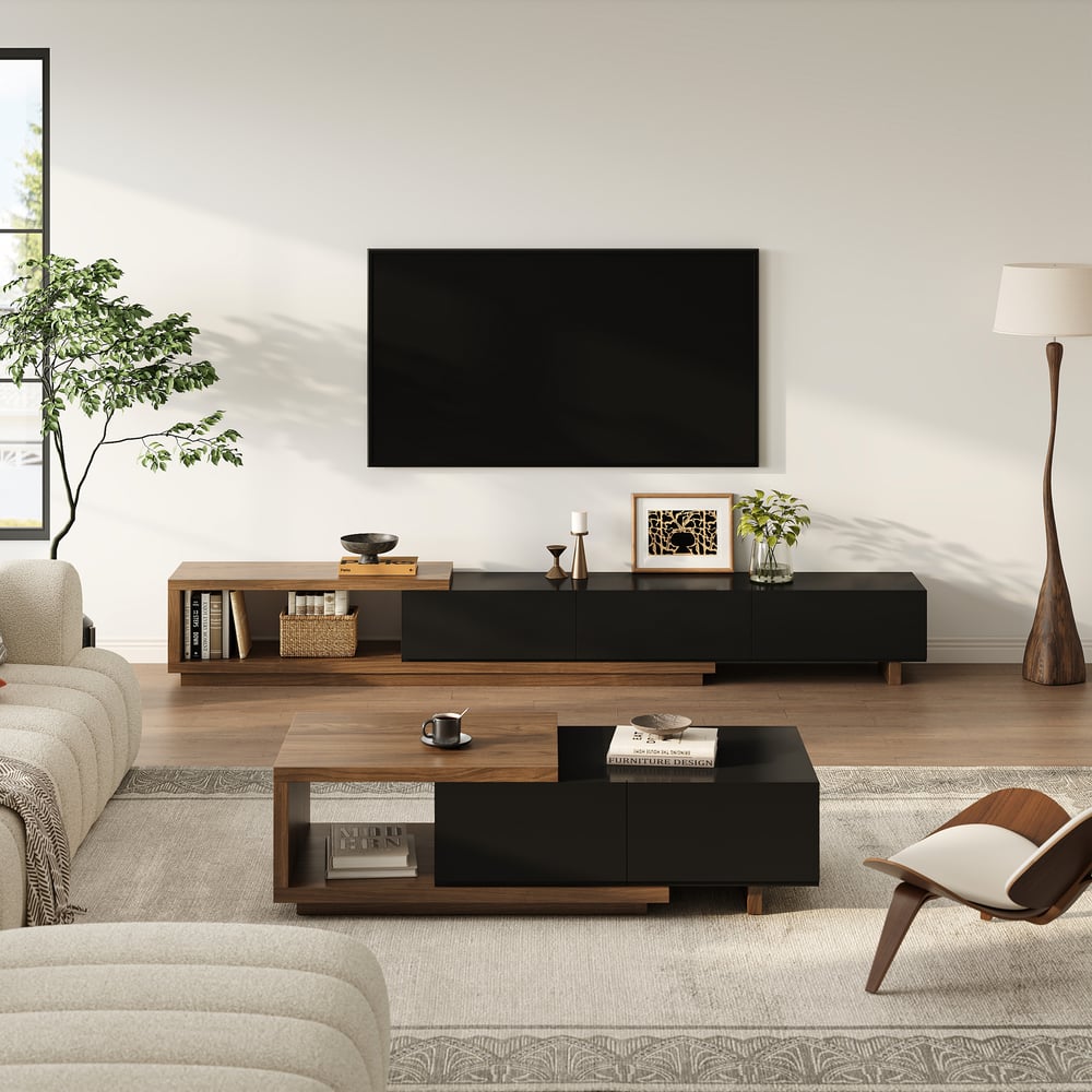 Questions et Réponses pour Meuble TV Noir et Noyer Moderne Console Rétractable et Extensible à 3 Tiroirs