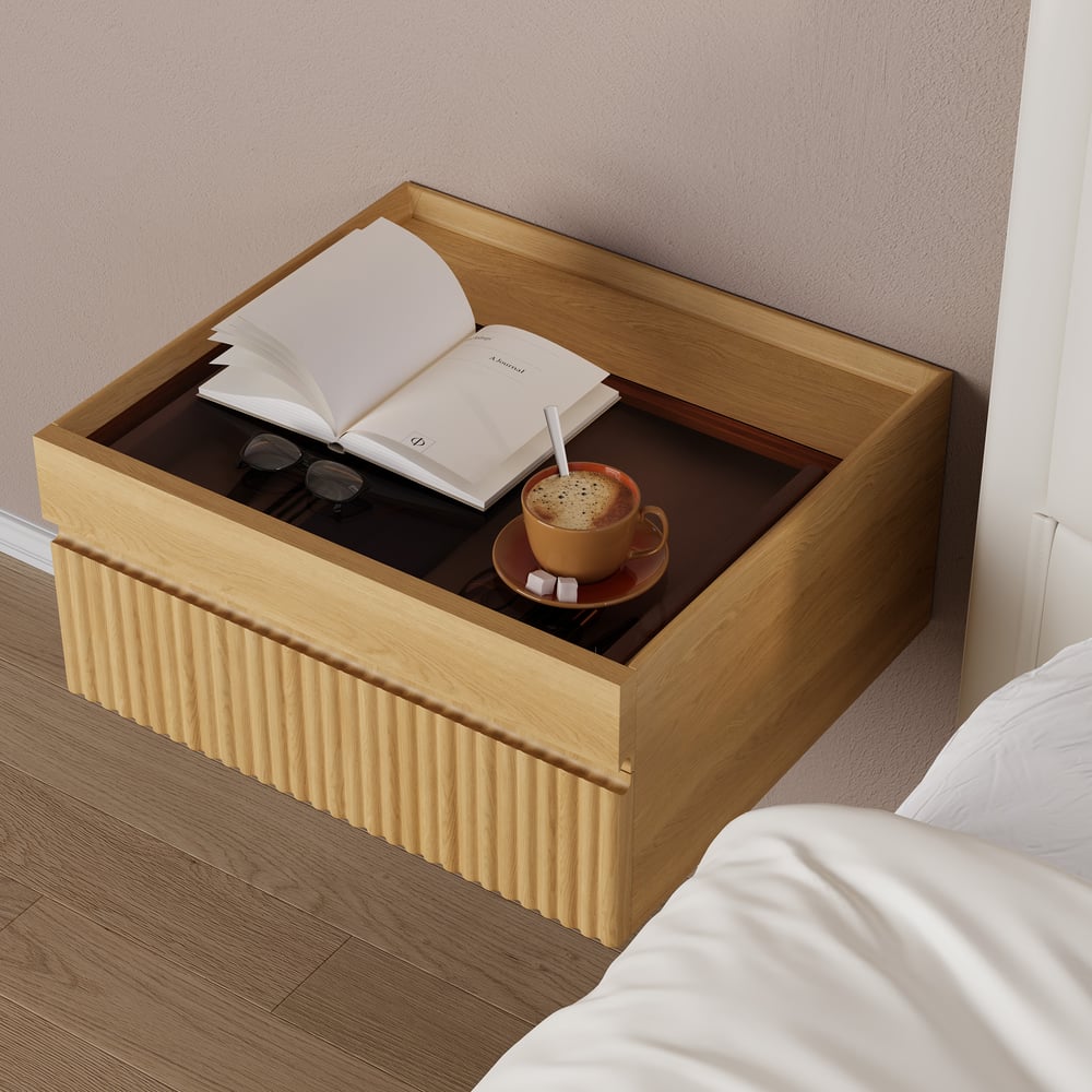 Questions et Réponses pour Table de chevet naturelle flottante moderne avec plateau en verre et table de chevet pour ranger les bijoux