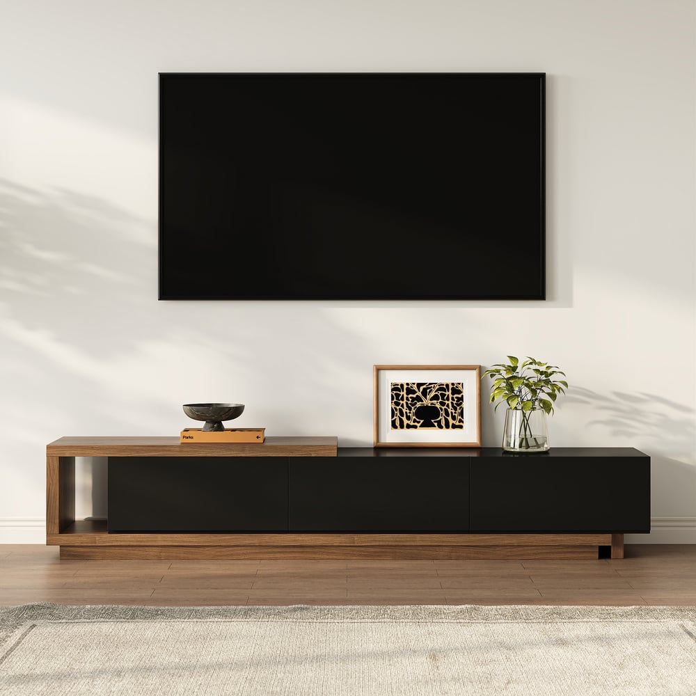 Questions et Réponses pour Meuble TV Noir et Noyer Moderne Console Rétractable et Extensible à 3 Tiroirs