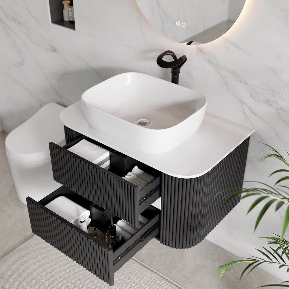 Perguntas e respostas para Vaidade de banheiro flutuante canelada de 800 mm com tampo de pedra sinterizada de bacia única