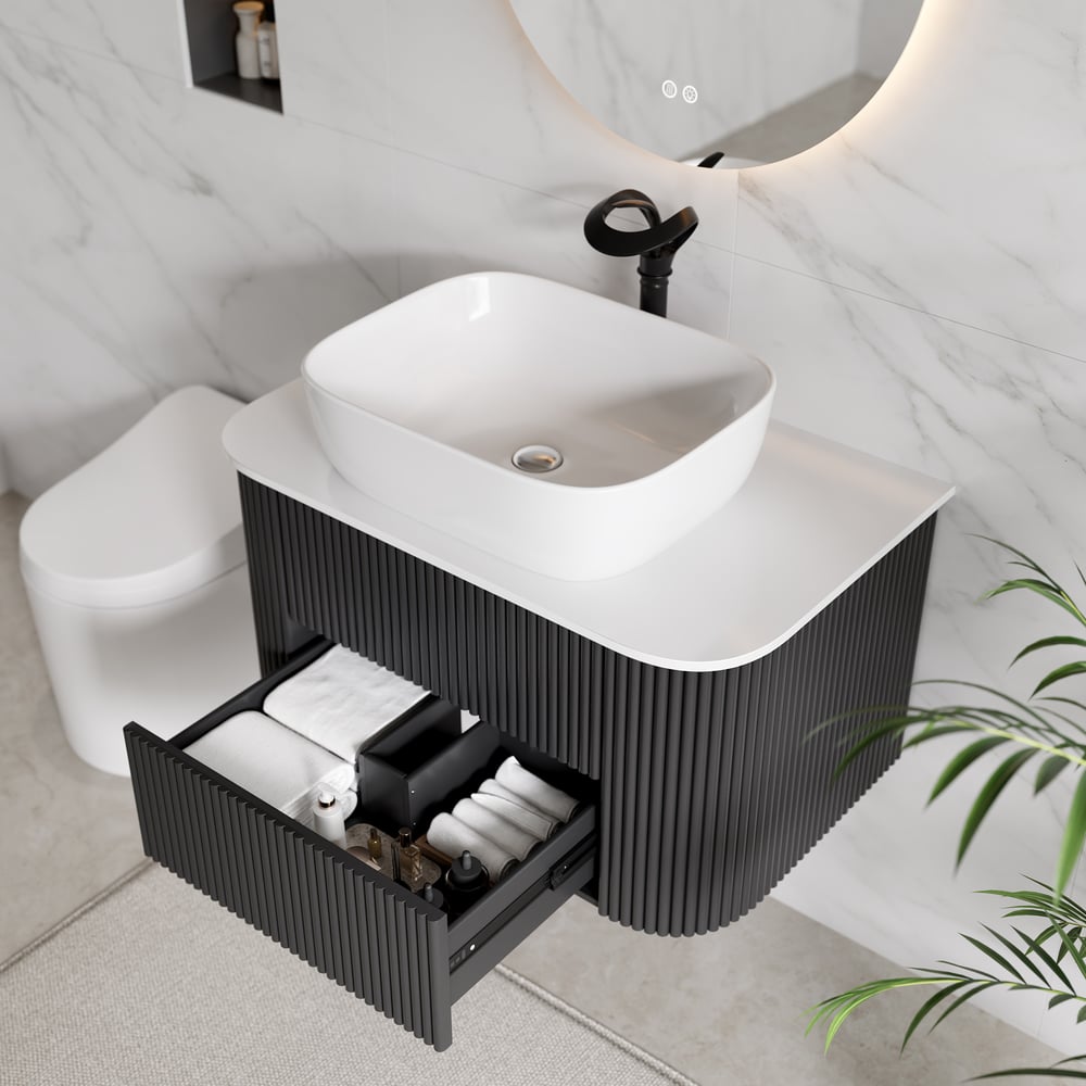 Perguntas e respostas para Vaidade de banheiro flutuante canelada de 800 mm com tampo de pedra sinterizada de bacia única