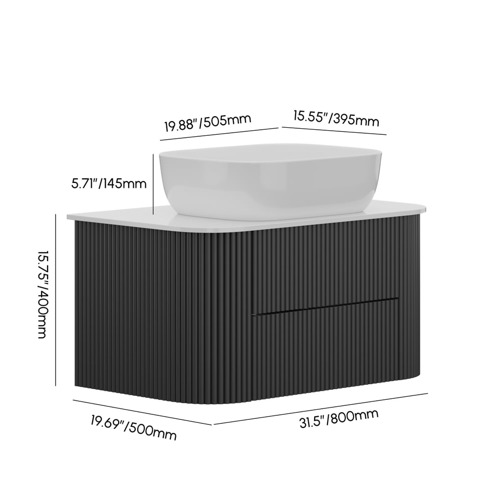 Black Fluted Bathroom Vanity Set 31.5" Floating Bathroom Vanity with Vessel Sink weights dimensions image