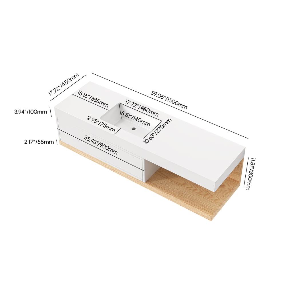Bathroom Vanity Set 59" Modern Floating Bathroom Vanity White and Natural with Sink weights dimensions image