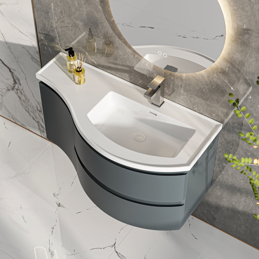 Questions et Réponses pour Vanité de salle de bain incurvée flottante Meuble de salle de bain mural en demi-cercle