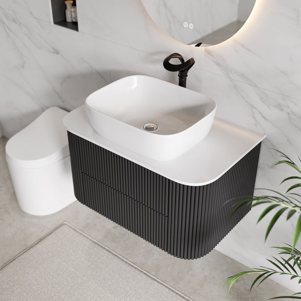 Perguntas e respostas para Vaidade de banheiro flutuante canelada de 800 mm com tampo de pedra sinterizada de bacia única