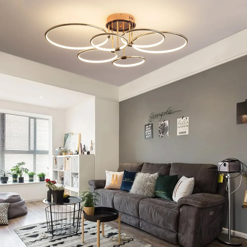 Vragen en antwoorden voor Gouden semi-verzonken plafondlamp cirkel acryl kroonluchter 6-licht