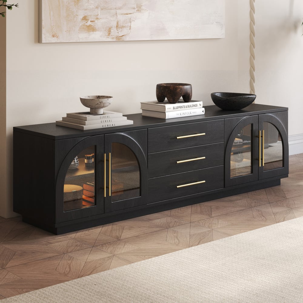 Questions and Answers for Arune 72" Arched Glass Doors TV Stand with Storage and LED