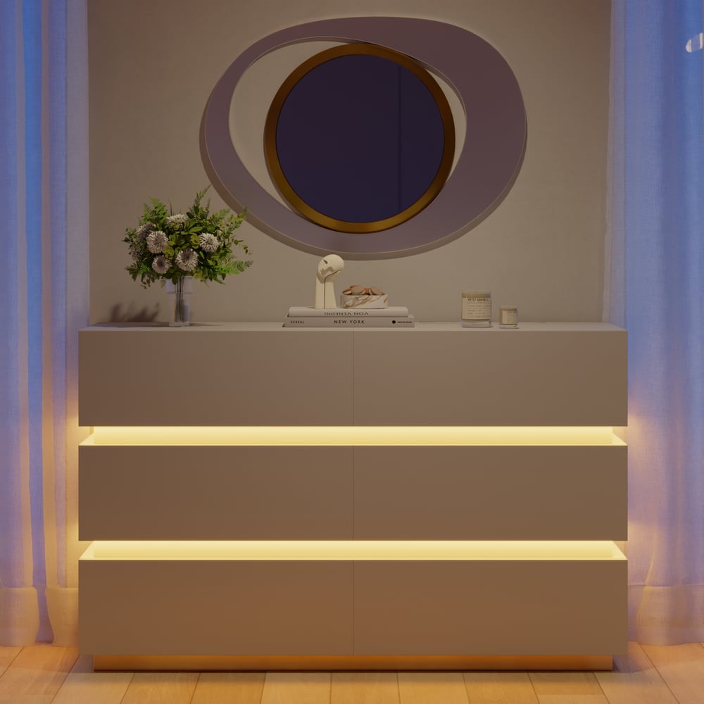 Avis Clients sur Commode LED blanche moderne à 6 tiroirs Lumio, 1500 mm, armoire de rangement pour chambre à coucher